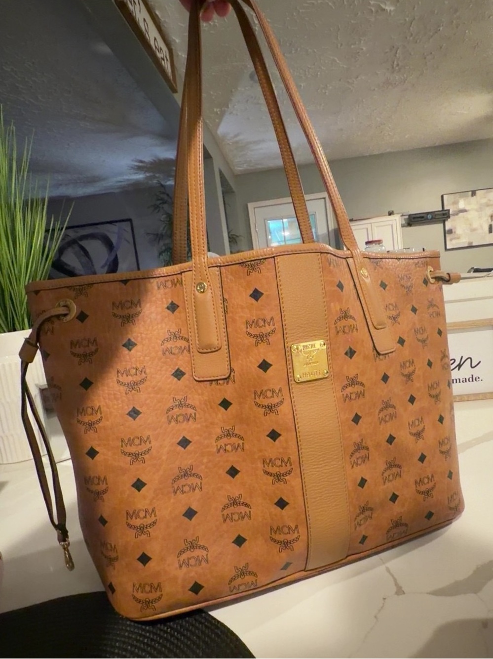 MCM Cognac Visetos Logo Tote with Gold Plaque FULL SIZE !!!